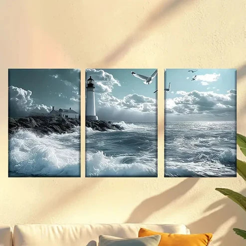 3pcs Lighthouse on a Rocky Shore Wall Art Canvas Unframed - High Quality Print 100% Australian Made Wall Canvas