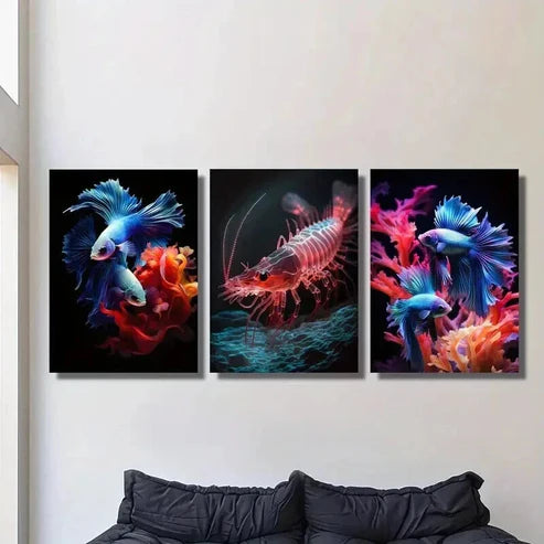 3pcs Colorful Red Shrimp and Betta Fish Wall Art Canvas Unframed – High Quality Print 100% Australian Made Wall Canvas