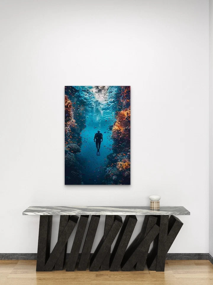 Vibrant Underwater Scene with Scuba Diver Metal Print Ready to Hang