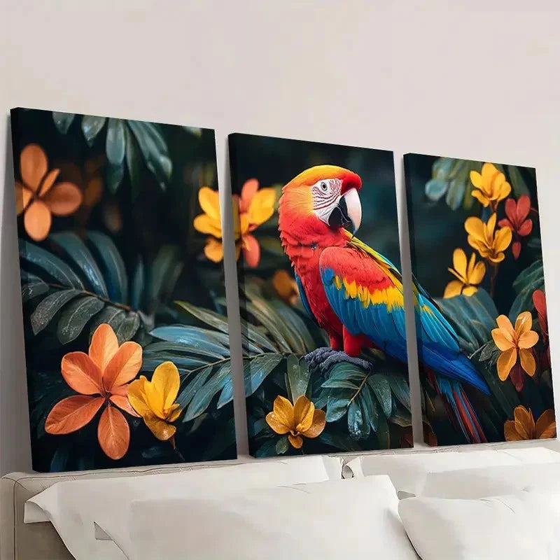 3pcs Vibrant Parrot & Lush Greenery Colorful Wall Art Set Canvas Framed 50x70cm - High Quality Print 100% Australian Made Wall Canvas Ready to Hang
