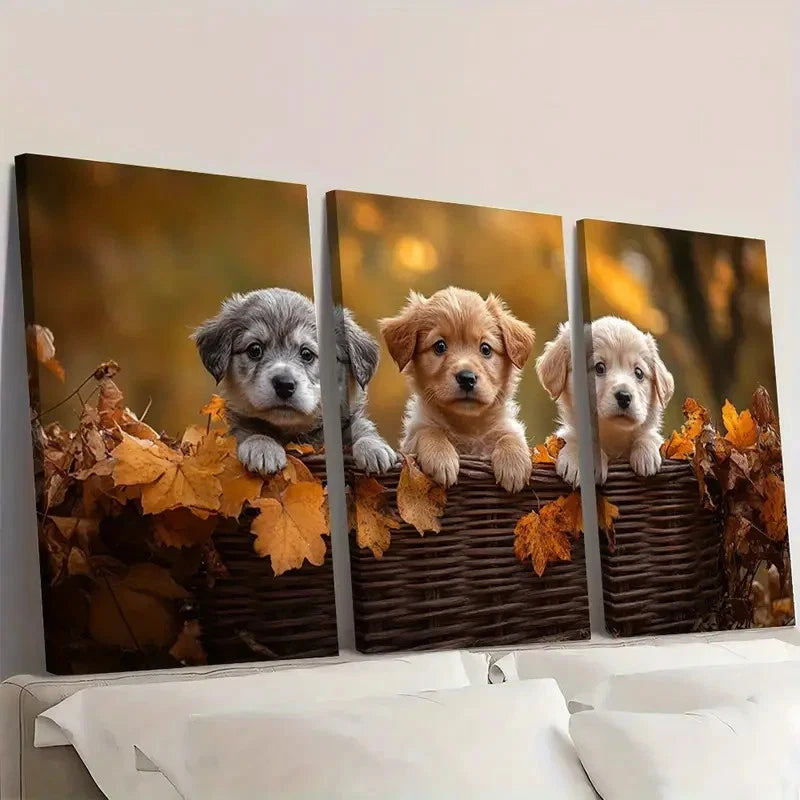 3pcs Adorable Puppies Autumn Scene Wall Art Set Canvas Framed 40x60cm - High Quality Print 100% Australian Made Wall Canvas Ready to Hang