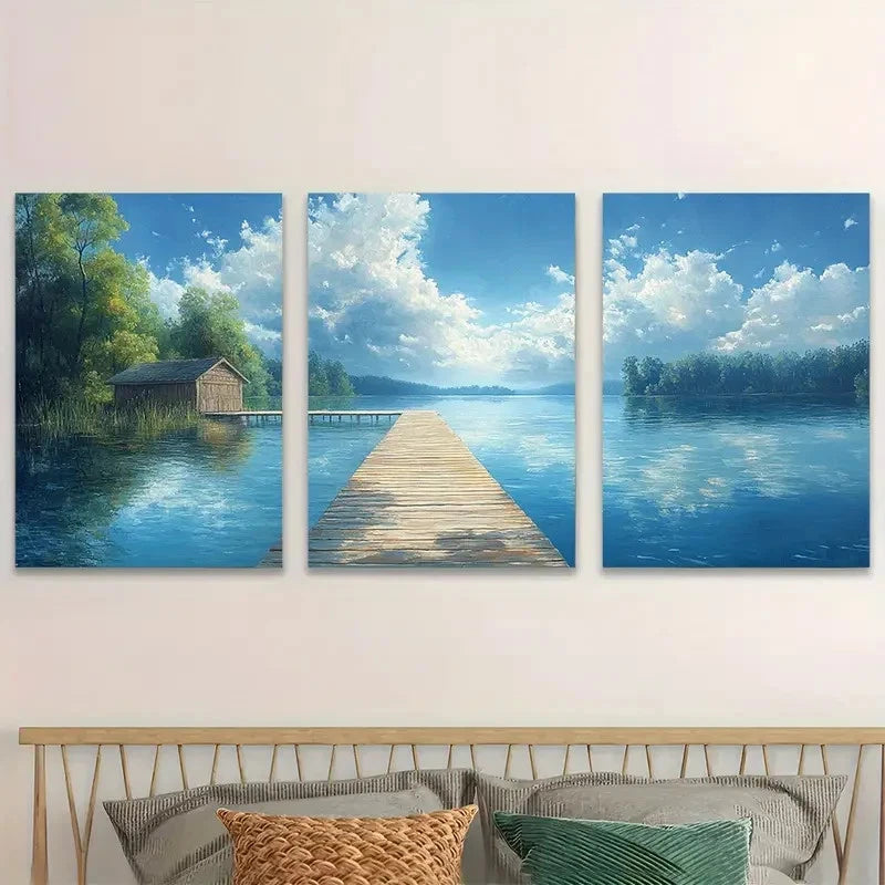 3pcs Peaceful Lake House Under A Sky Wall Art Set Canvas Framed 60x90cm - High Quality Print 100% Australian Made Wall Canvas Ready to Hang