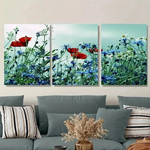 3pcs Beautiful Red Poppy and Blue Flower Wall Art Set Canvas Unframed - High Quality Print 100% Australian Made Wall Canvas