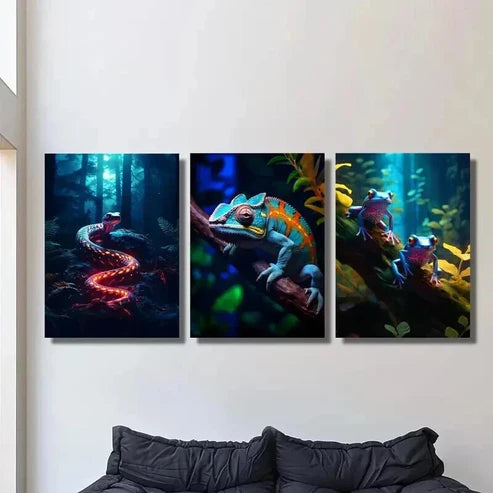 3pcs Colorful Chameleon Snake & Psychedelic Frog Wall Art Canvas Unframed - High Quality Print 100% Australian Made Wall Canvas