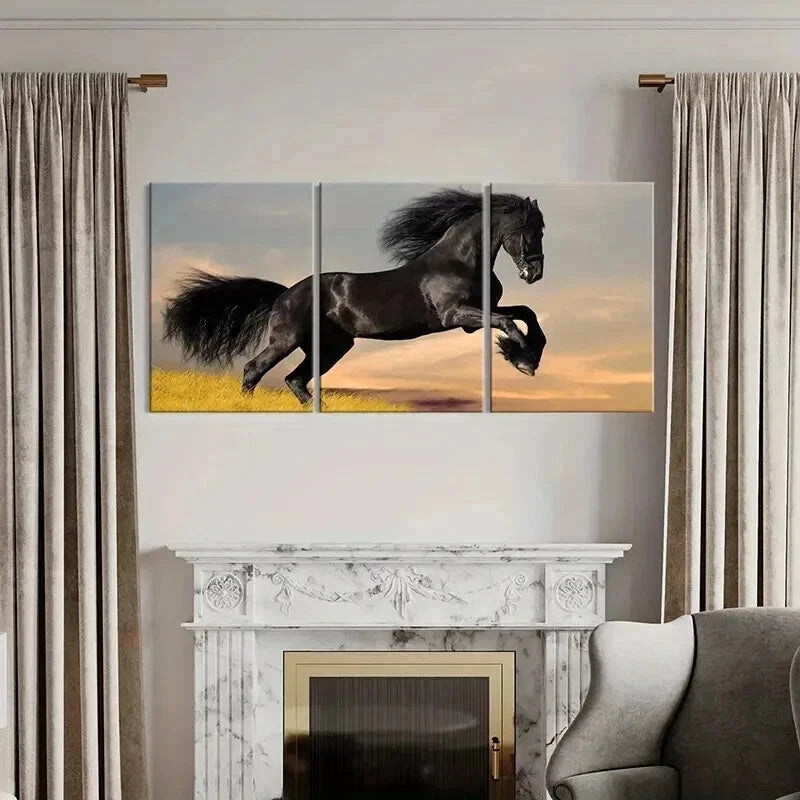3pcs Black Horse Galloping Across a Grassy Field Wall Art Set Canvas Framed 40x60cm - High Quality Print 100% Australian Made Wall Canvas Ready to Hang