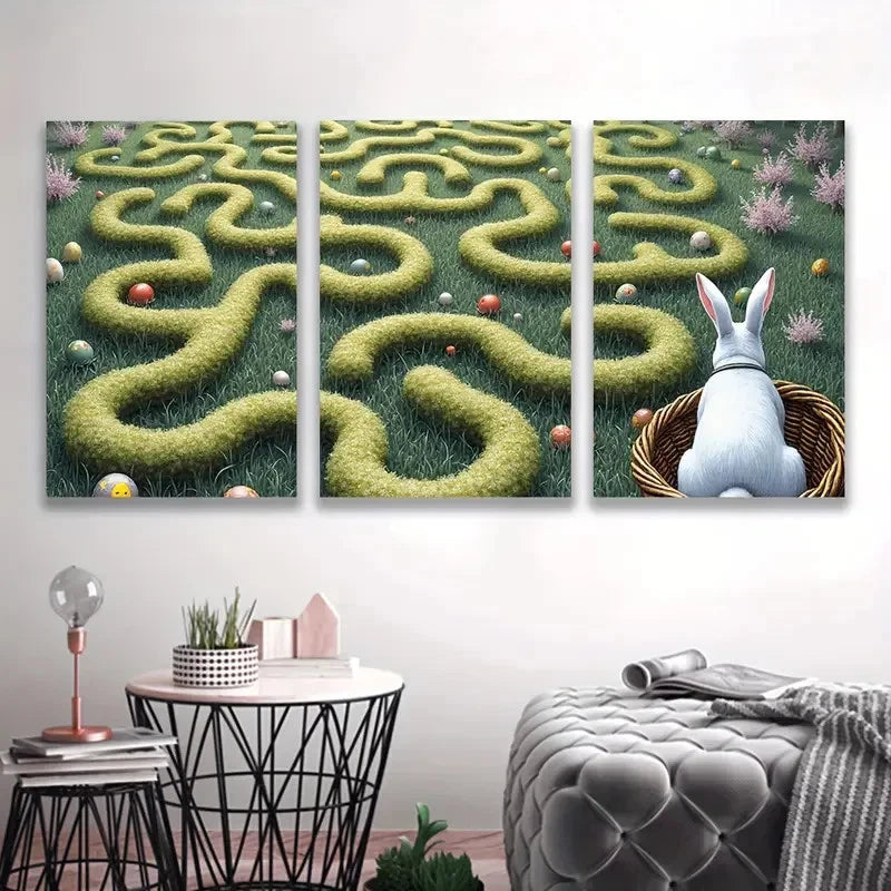 3pcs Lush Green Maze & Bunny Design Wall Art Set Canvas Framed 60x90cm - High Quality Print 100% Australian Made Wall Canvas Ready to Hang