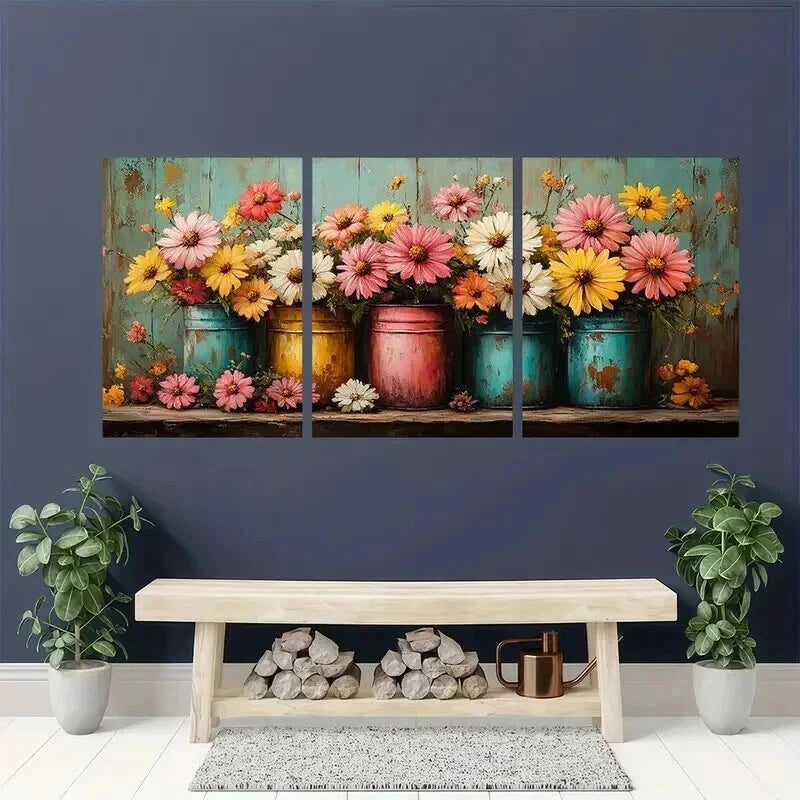 3pcs Yellow Pink & White Flowers in Metal Cans Wall Art Set Canvas Framed 40x60cm - High Quality Print 100% Australian Made Wall Canvas Ready to Hang