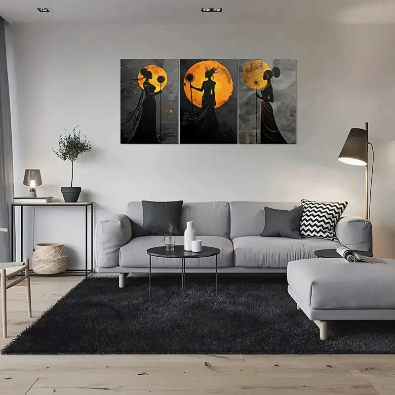3pcs Golden Moonlit Silhouette Triptych Wall Art Set Canvas Framed 40x60cm - High Quality Print 100% Australian Made Wall Canvas Ready to Hang