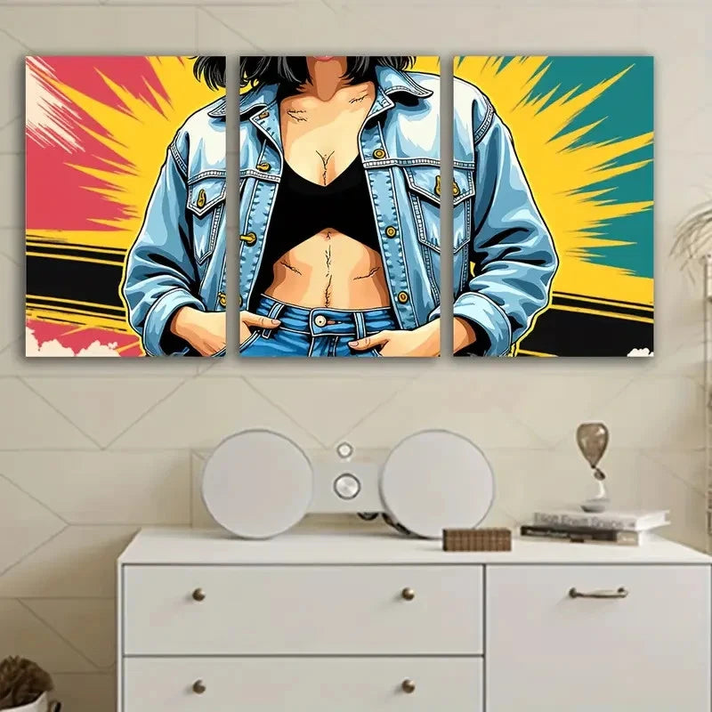 3pcs Woman In Denim Jacket Wall Art Set Canvas Framed 40x60cm - High Quality Print 100% Australian Made Wall Canvas Ready to Hang