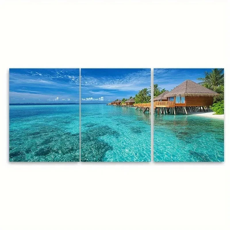 3pcs Villas Print Clear Water Skies F Wall Art Set Canvas Framed 50x70cm - High Quality Print 100% Australian Made Wall Canvas Ready to Hang