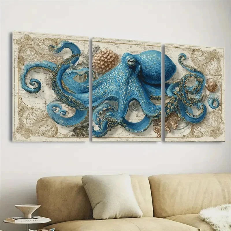 3pcs Blue Octopus Nautical Marine Life Wall Art Set Canvas Framed 40x60cm - High Quality Print 100% Australian Made Wall Canvas Ready to Hang