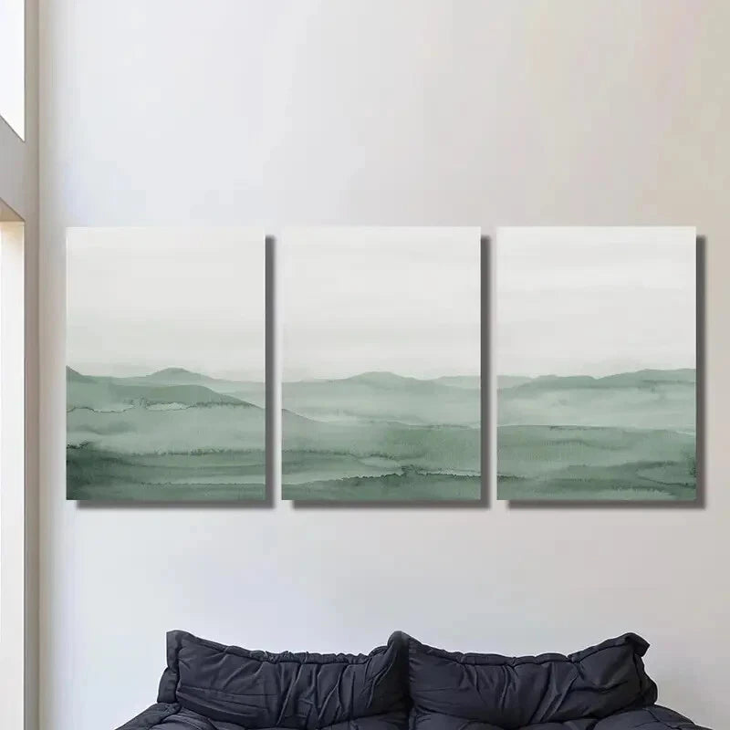 3pcs Sage Green Abstract Landscape Wall Art Set Canvas Framed 50x70cm
