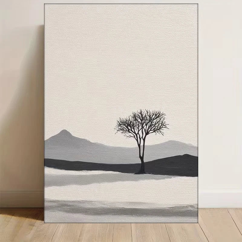 - Minimalist Black Tree, Beige, White, Gray Palette Metal Print Ready to Hang