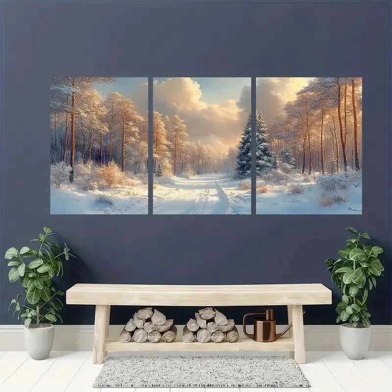 3pcs Vintage Winter Forest Painting Wall Art Set Canvas Framed 40x60cm - High Quality Print 100% Australian Made Wall Canvas Ready to Hang