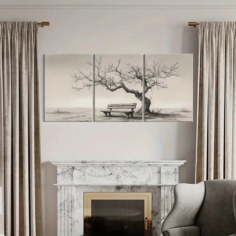 3pcs Black & White Tree Bench Landscape Wall Art Set Canvas Framed 60x90cm - High Quality Print 100% Australian Made Wall Canvas Ready to Hang