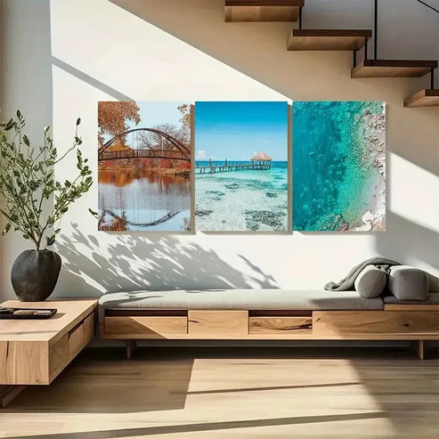 3pcs Rustic Bridge & Autumn Trees Wall Art Set Canvas Unframed - High Quality Print 100% Australian Made Wall Canvas