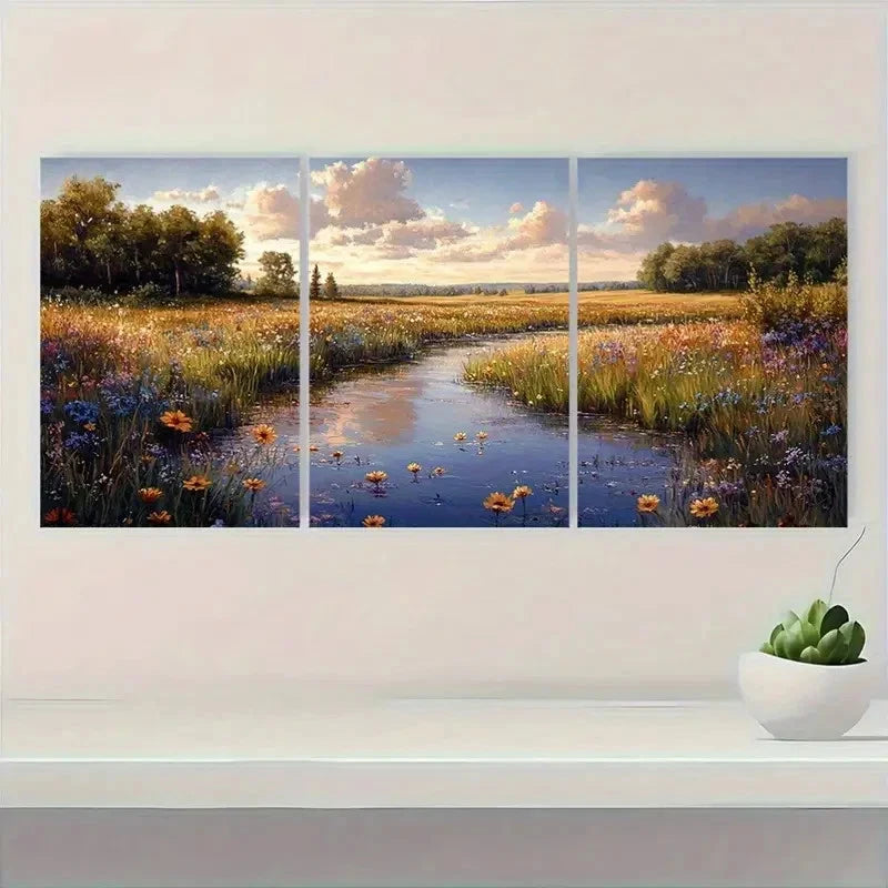 3pcs Dewy Meadow Gouache Peaceful Pastel Perfect Wall Art Set Canvas Framed 40x60cm - High Quality Print 100% Australian Made Wall Canvas Ready to Hang