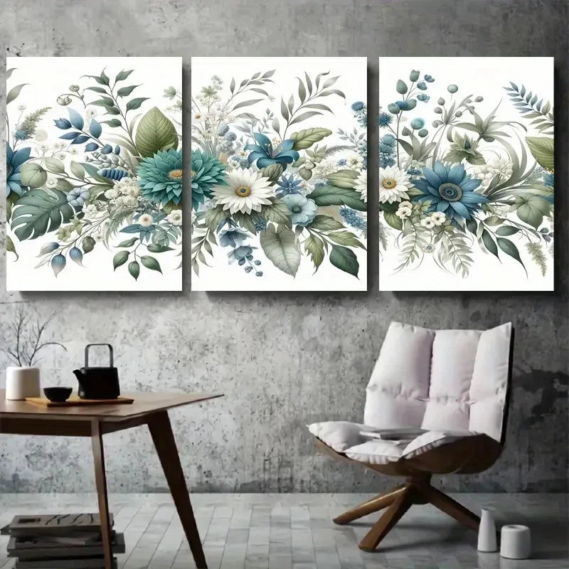3pcs Vibrant Blue Green Floral Bouquet Wall Art Set Canvas Framed 40x60cm - High Quality Print 100% Australian Made Wall Canvas Ready to Hang