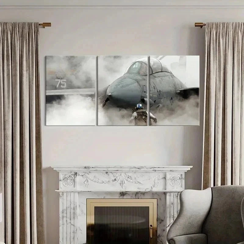 3pcs Military Theme Fighter Jet Through Smoke Wall Art Set Canvas Framed 40x60cm - High Quality Print 100% Australian Made Wall Canvas Ready to Hang