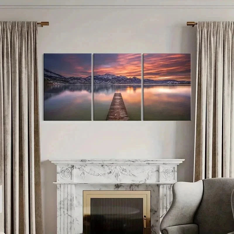 3pcs Landscape with Sunset Mountains & Lakes Wall Art Set Canvas Framed 40x60cm - High Quality Print 100% Australian Made Wall Canvas Ready to Hang
