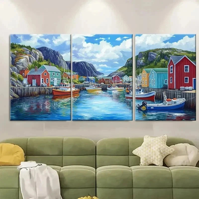 3pcs Trinity Harbor Newfoundland Fishing Perfect Wall Art Set Canvas Framed 40x60cm - High Quality Print 100% Australian Made Wall Canvas Ready to Hang