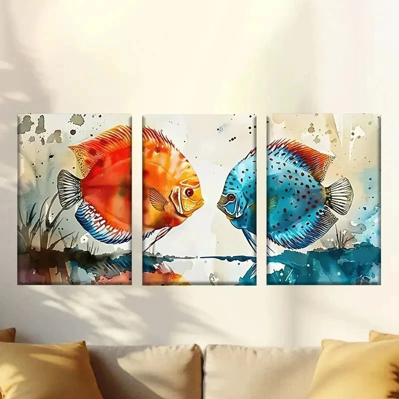 3pcs two fish in watercolors Wall Art Set Canvas Framed 50x70cm - High Quality Print 100% Australian Made Wall Canvas Ready to Hang