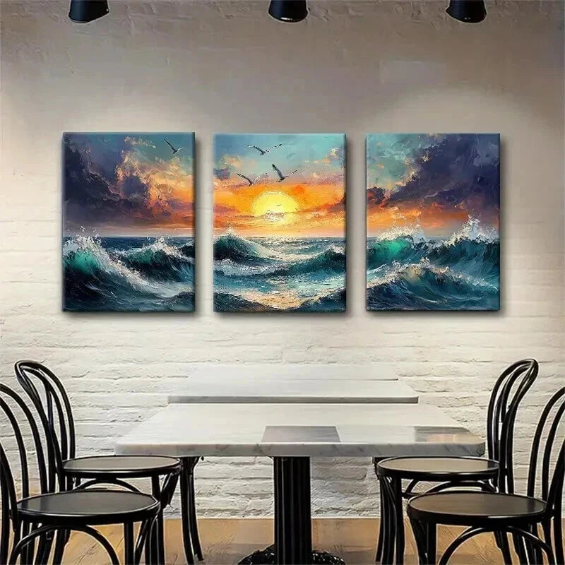 3pcs Ocean Sunset Fiery Sky & Seagulls Perfect Wall Art Set Canvas Framed 40x60cm - High Quality Print 100% Australian Made Wall Canvas Ready to Hang