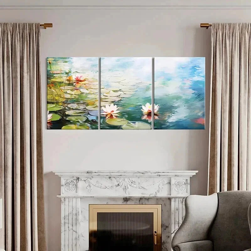 3pcs Abstract Lotus Pond And Flowers Wall Art Set Canvas Framed 40x60cm - High Quality Print 100% Australian Made Wall Canvas Ready to Hang