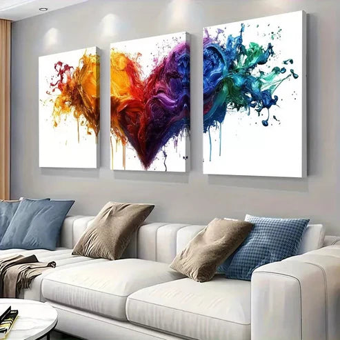 3pcs Modern Vibrant Abstract Colorful Heart Wall Art Set Canvas Unframed - High Quality Print 100% Australian Made Wall Canvas