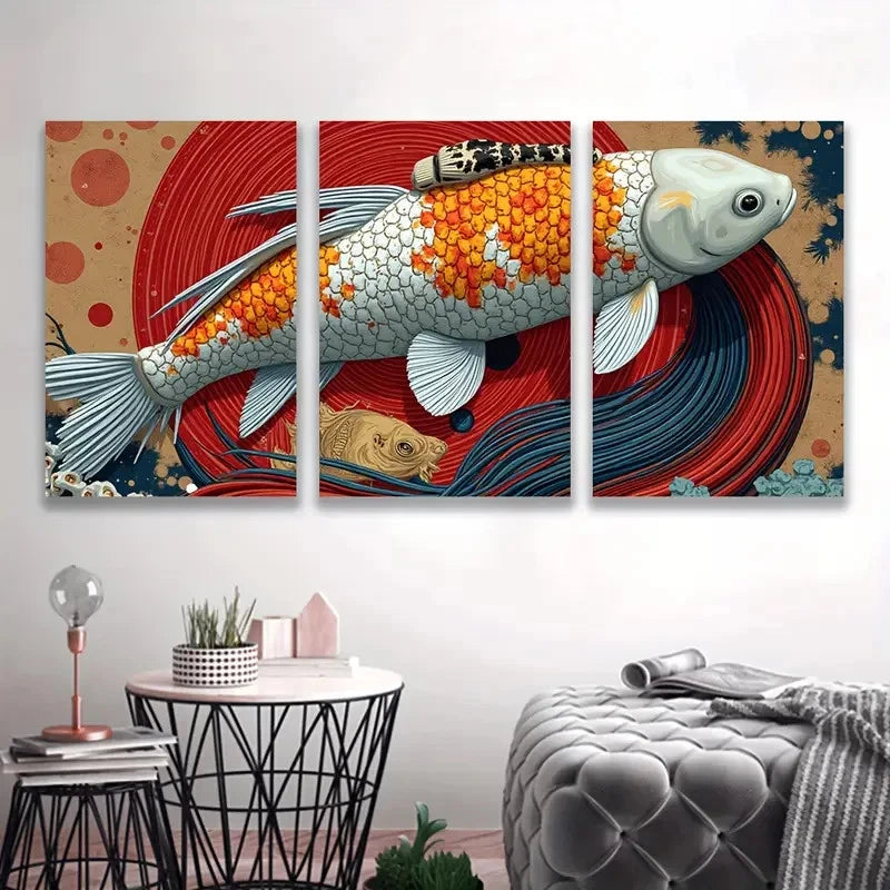 3pcs Vibrant Koi Fish Colorful Abstract Wall Art Set Canvas Framed 40x60cm - High Quality Print 100% Australian Made Wall Canvas Ready to Hang