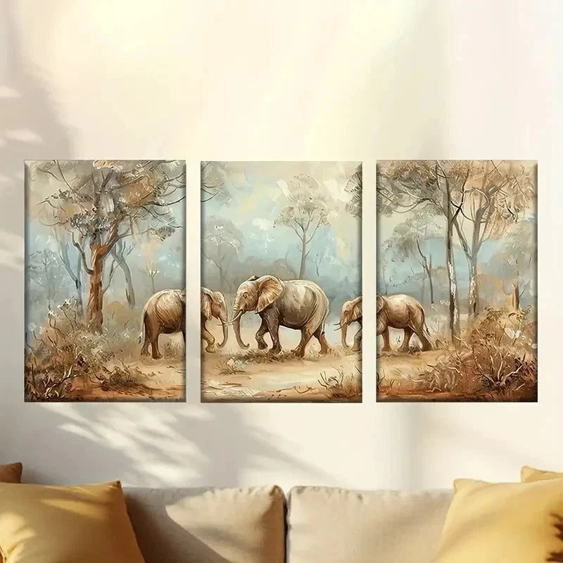 3pcs Colorful steppe elephants Wall Art Set Canvas Framed 60x90cm - High Quality Print 100% Australian Made Wall Canvas Ready to Hang