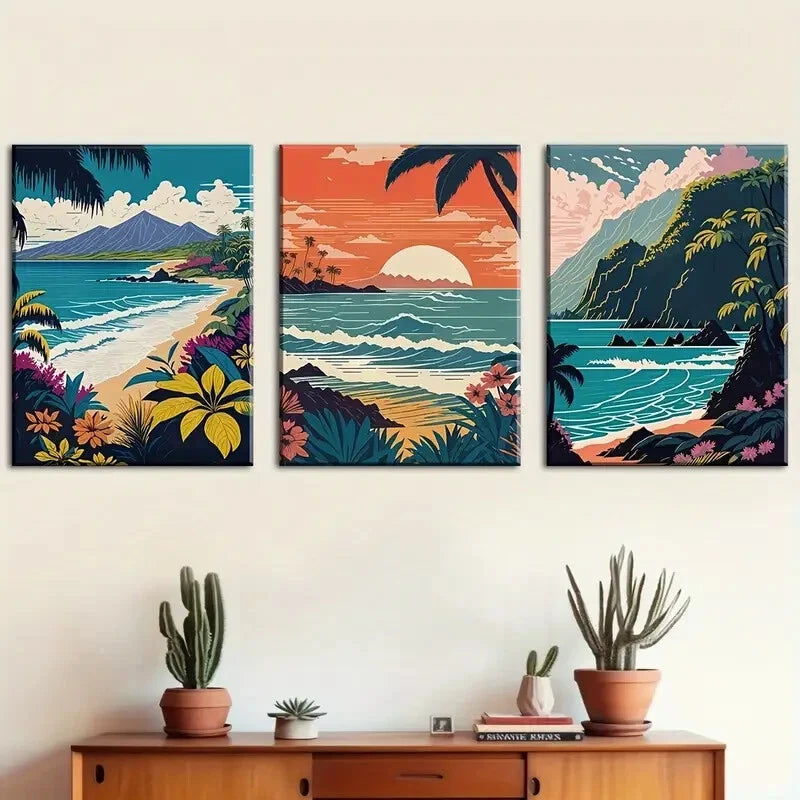 3pcs Ocean Waves Island Seaside Views Perfect Wall Art Set Canvas Framed 40x60cm - High Quality Print 100% Australian Made Wall Canvas Ready to Hang