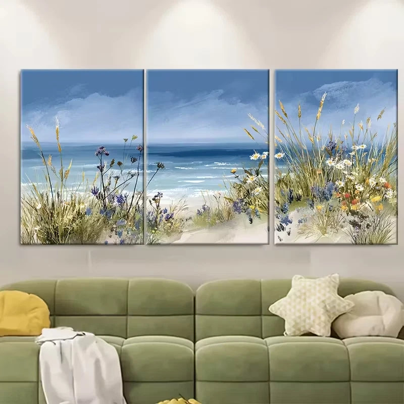 3pcs Grass Landscape Seashore Wildflowers Metal Print Ready to Hang Art