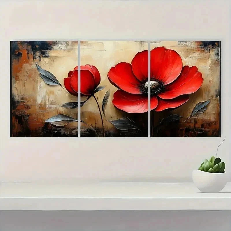 3pcs Red Flower Beige Vintage Perfect Wall Art Set Canvas Framed 40x60cm - High Quality Print 100% Australian Made Wall Canvas Ready to Hang