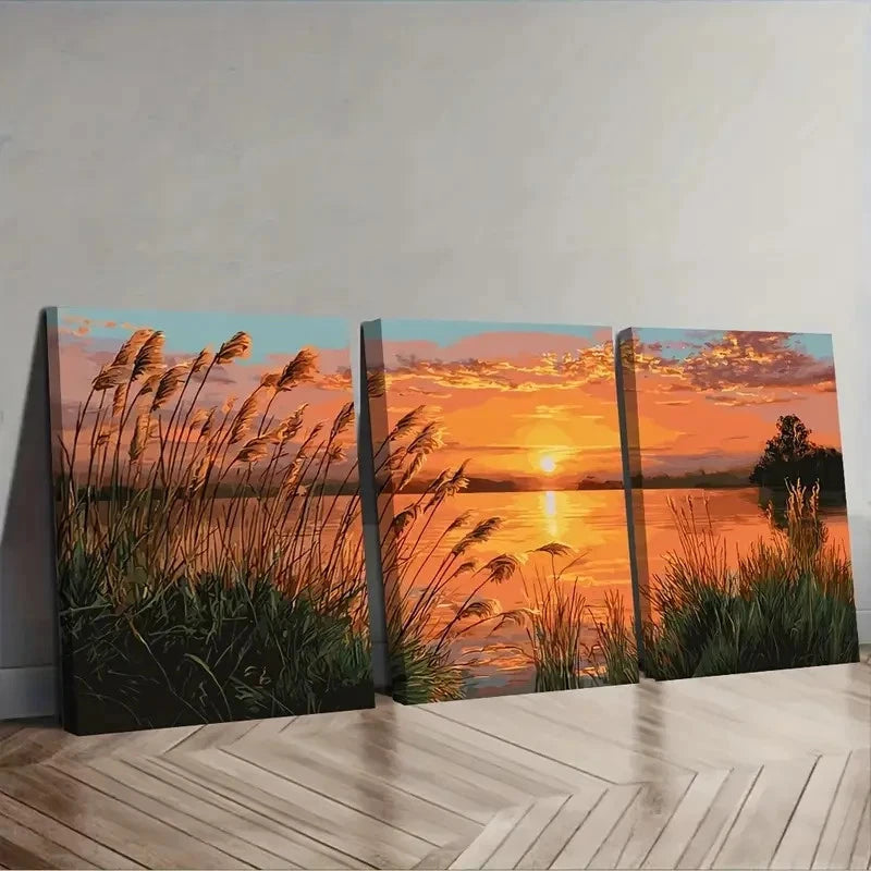 3pcs Serene Lake Glory Sunset Landscape Wall Art Set Canvas Framed 50x70cm - High Quality Print 100% Australian Made Wall Canvas Ready to Hang
