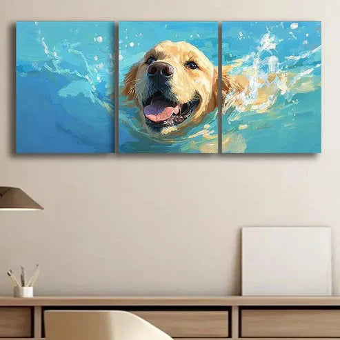 3pcs Colorful Swimming Puppy Blue Water Perfect Wall Art Set Canvas Unframed - High Quality Print 100% Australian Made Wall Canvas