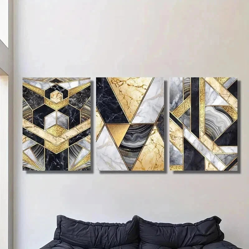 3pcs Marble Texture and Golden Geometric Wall Art Set Canvas Framed 40x60cm - High Quality Print 100% Australian Made Wall Canvas Ready to Hang