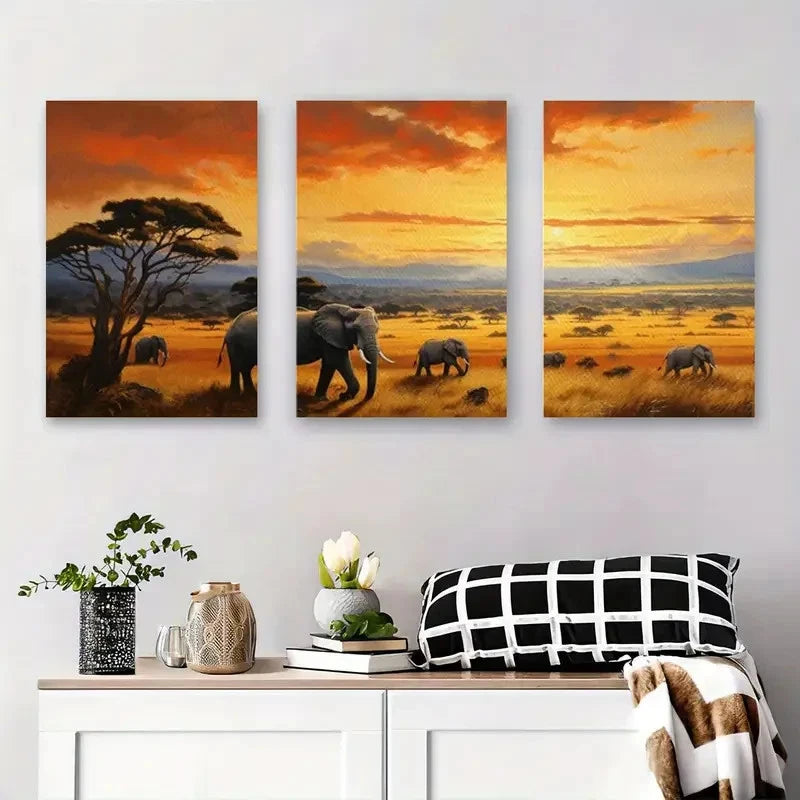 3pcs Majestic Elephants in African Wall Art Set Canvas Framed 40x60cm - High Quality Print 100% Australian Made Wall Canvas Ready to Hang