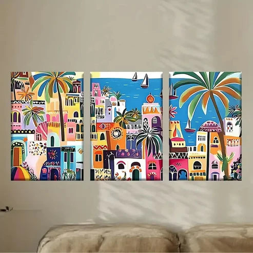 3pcs a painting of a city with palm trees Wall Art Set Canvas Unframed - High Quality Print 100% Australian Made Wall Canvas - Bella Home Decor