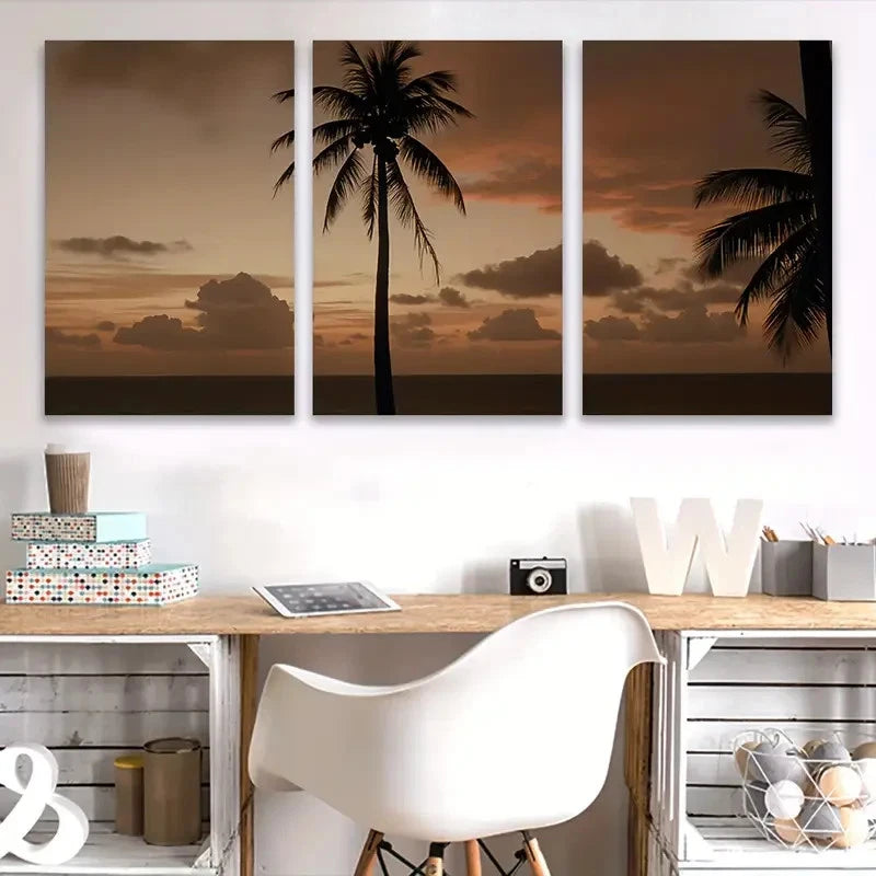 3pcs Tropical Palm Sunset Scene Wall Art Set Canvas Framed 60x90cm - High Quality Print 100% Australian Made Wall Canvas Ready to Hang