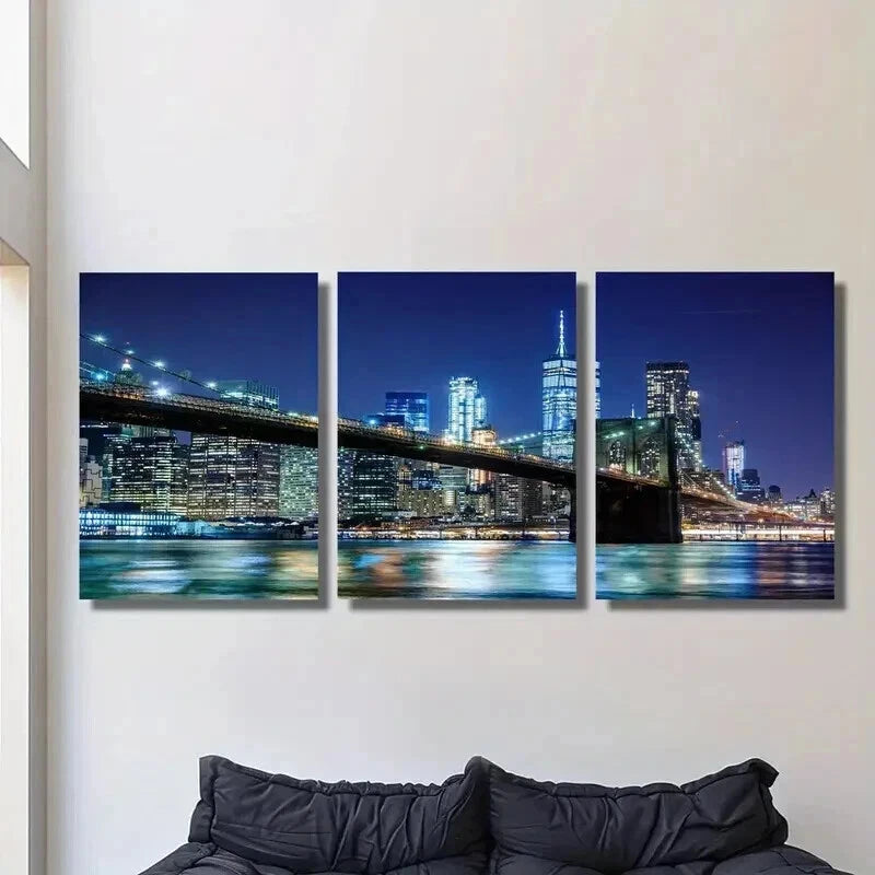 3pcs Nighttime Cityscape with a Bridge Wall Art Set Canvas Framed 40x60cm - High Quality Print 100% Australian Made Wall Canvas Ready to Hang