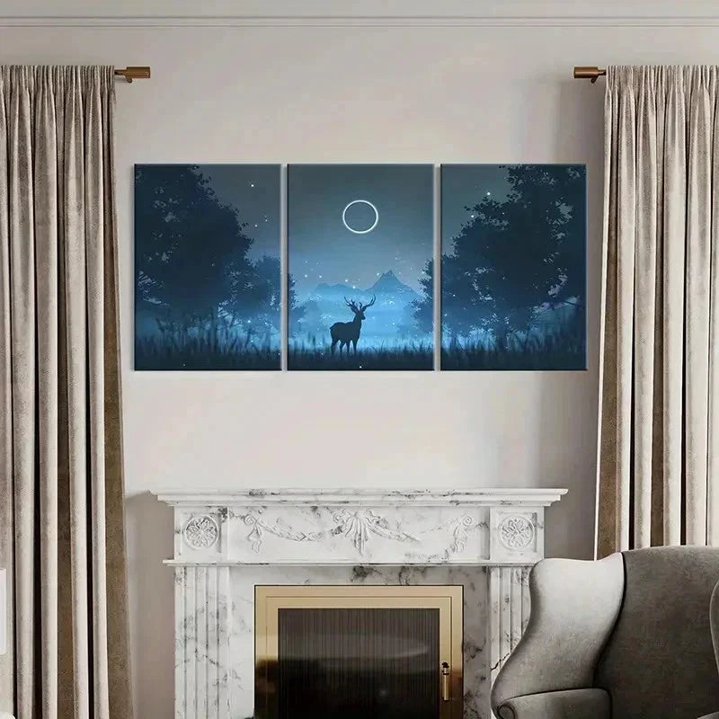 3pcs Fantasy Cartoon Night with an Elk Modern Wall Art Set Canvas Framed 40x60cm - High Quality Print 100% Australian Made Wall Canvas Ready to Hang