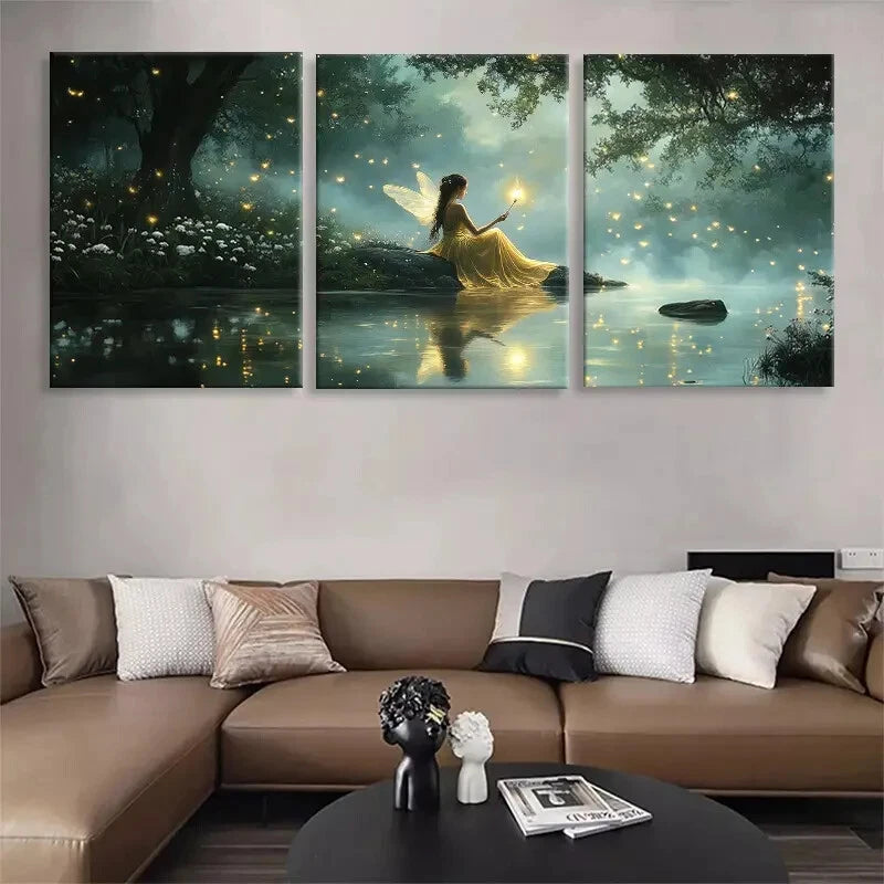 3pcs Fairy in Enchanted Forest Glowing Perfect Wall Art Set Canvas Framed 40x60cm - High Quality Print 100% Australian Made Wall Canvas Ready to Hang