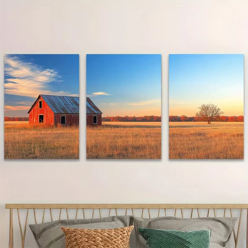 3pcs Country Landscape with Red Barn Metal Print Ready to Hang Art