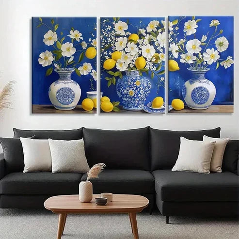 3pcs Blue and White Porcelain Bright Perfect Wall Art Set Canvas Unframed - High Quality Print 100% Australian Made Wall Canvas