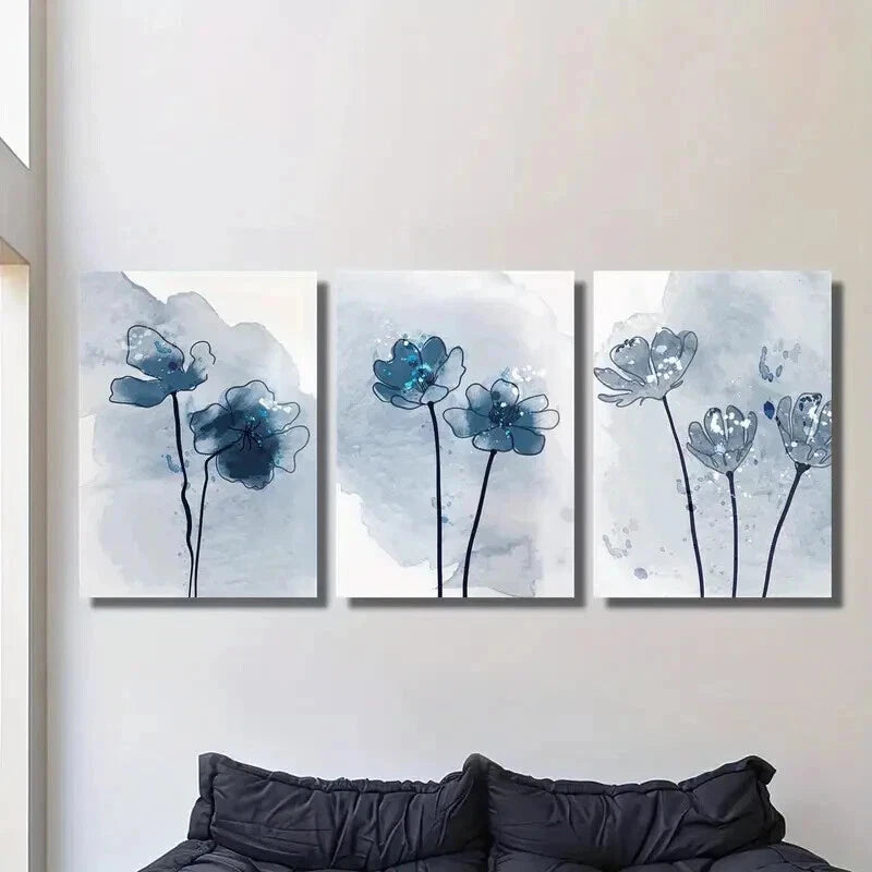 3pcs Botanical Blue Flower Decorations Wall Art Set Canvas Framed 40x60cm - High Quality Print 100% Australian Made Wall Canvas Ready to Hang