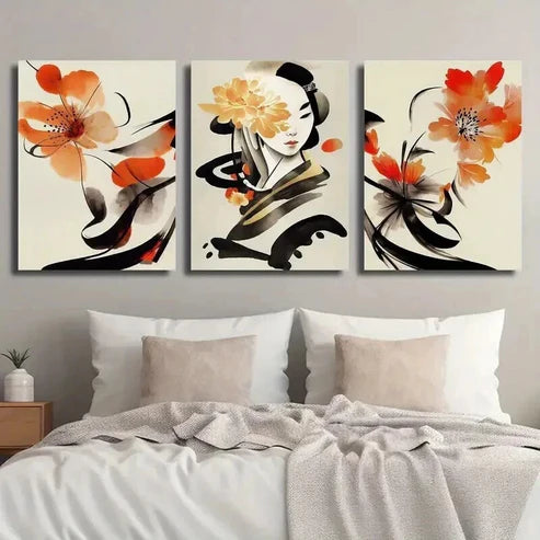 3pcs Ancient Style Woman and Flowers Wall Art Set Canvas Unframed - High Quality Print 100% Australian Made Wall Canvas