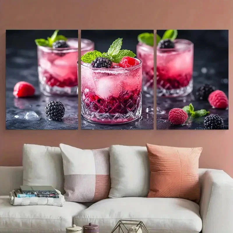 3pcs Fresh Berry Cocktail Décor Perfect Wall Art Set Canvas Framed 40x60cm - High Quality Print 100% Australian Made Wall Canvas Ready to Hang