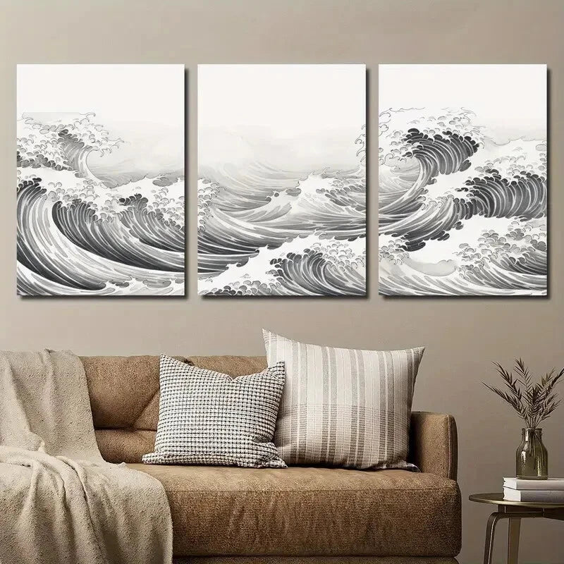 3pcs Black and White Japanese Ocean Wave Wall Art Set Canvas Framed 40x60cm - High Quality Print 100% Australian Made Wall Canvas Ready to Hang