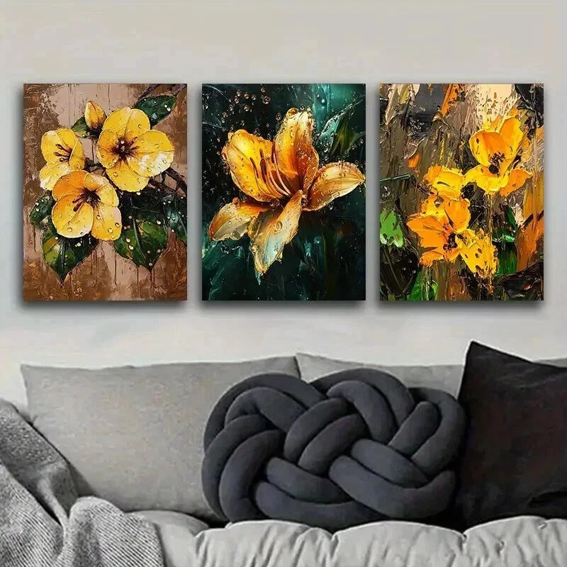 3pcs Yellow Lilies in the Rain Decoration Wall Art Set Canvas Framed 40x60cm - High Quality Print 100% Australian Made Wall Canvas Ready to Hang